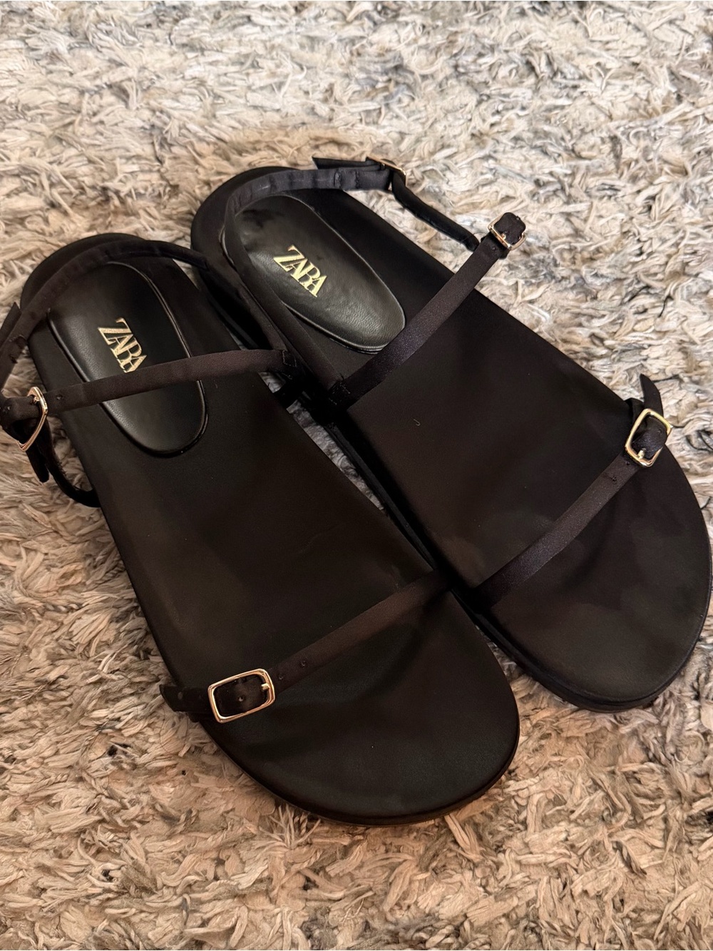 Zara Black Minimal Strappy Sandals with Gold Buckles